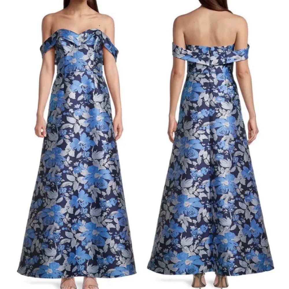 Aidan Mattox Navy and Blue Floral Off-Shoulder size 6  formal dress